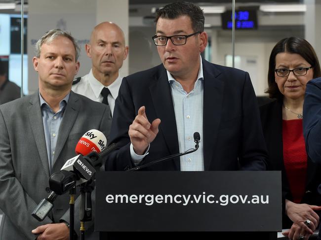 The Premier, Daniel Andrews, and the Minister for Health, Jenny Mikakos, Brett Sutton (Chief Health Officer). Picture: Tony Gough