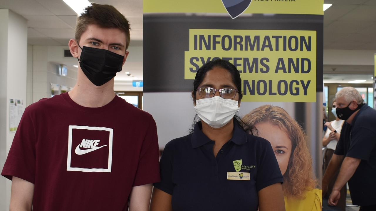 William O' Neil from Ooralea (left) and CQU Associate Lecturer in Certificate III Information Technology Niveditha Dopathi at CQ University TAFE Careers Expo Mackay. Ms Dopathi has been lecturing at CQU for 10 years and is excited for the 2022 IT students to begin their learning. Picture: Madeleine Graham