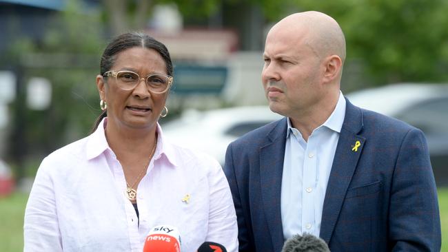 Former Federal Treasurer Josh Frydenberg and former Labor MP Nova Peris speak to the media after the firebombing of the Adass Israel synagogue. Picture: Andrew Henshaw