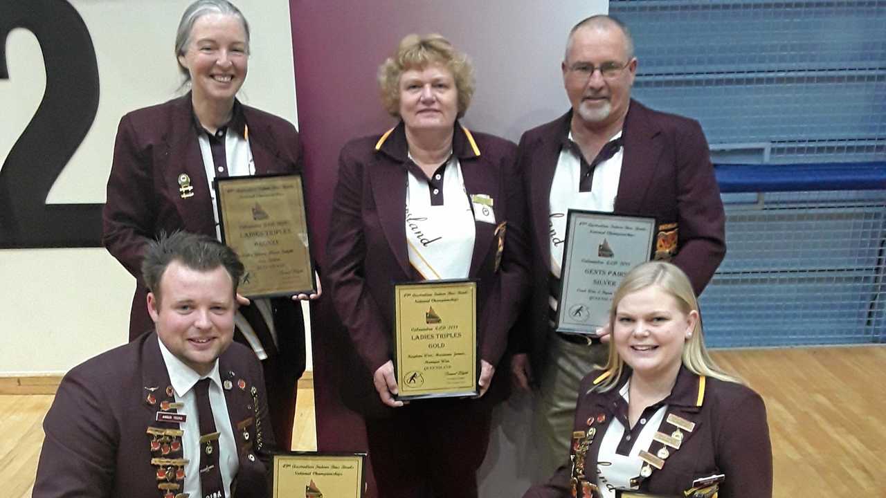 NATIONAL STARS: Celebrating their recent medal success at the Australian Indoor Bowls titles are indoor bowlers (back, from left) Kathy Young, Kaylene Weir, Errol Weir, (front) Angus Young and Monique Weir. Picture: Contributed