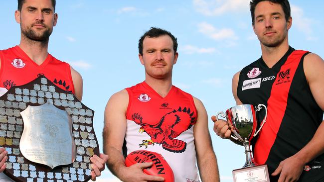 Michael Shearer (middle) was in strong form for the Falcons against Noarlunga. Picture: Dean Martin