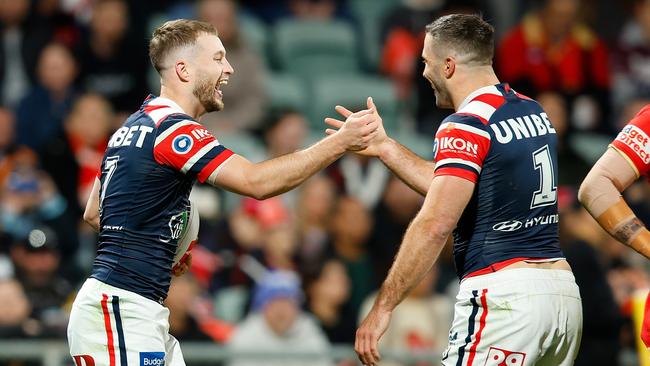 PERTH, AUSTRALIA - AUGUST 02: Sam Walker of the Roosters celebrates his try with his team mates during the round 22 NRL match between Dolphins and Sydney Roosters at HBF Park, on August 02, 2024, in Perth, Australia. (Photo by James Worsfold/Getty Images)