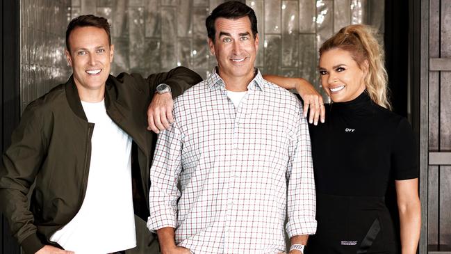 Commentators Matt Shirvington and Rob Riggle with host Sonia Kruger. Picture: Channel 7