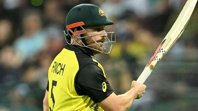 Aaron Finch reacts after being dismissed cheaply. Picture: AFP