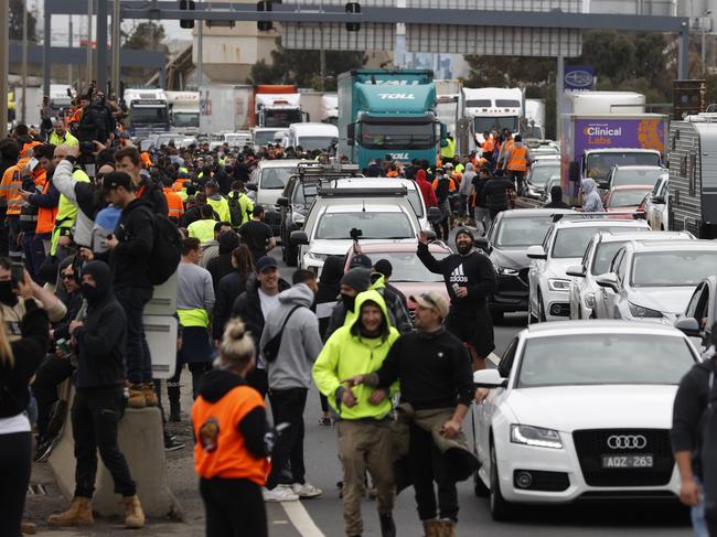 Demonstrators swarmed the West Gate Bridge and brought traffic to a standstill on Tuesday. Picture: Alex Coppel.