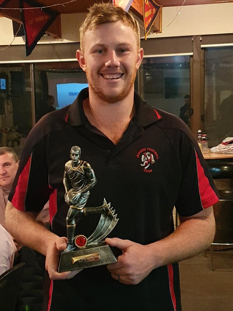 Josh Scott presented with the Jimmy Rankine Memorial Trophy as the best player on the ground for Jervois in Indigenous Round. Picture: Supplied