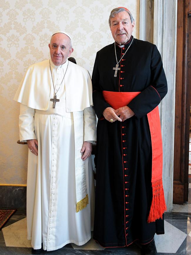 Pope Francis with Australian cardinal George Pell during a private audience at the Vatican.