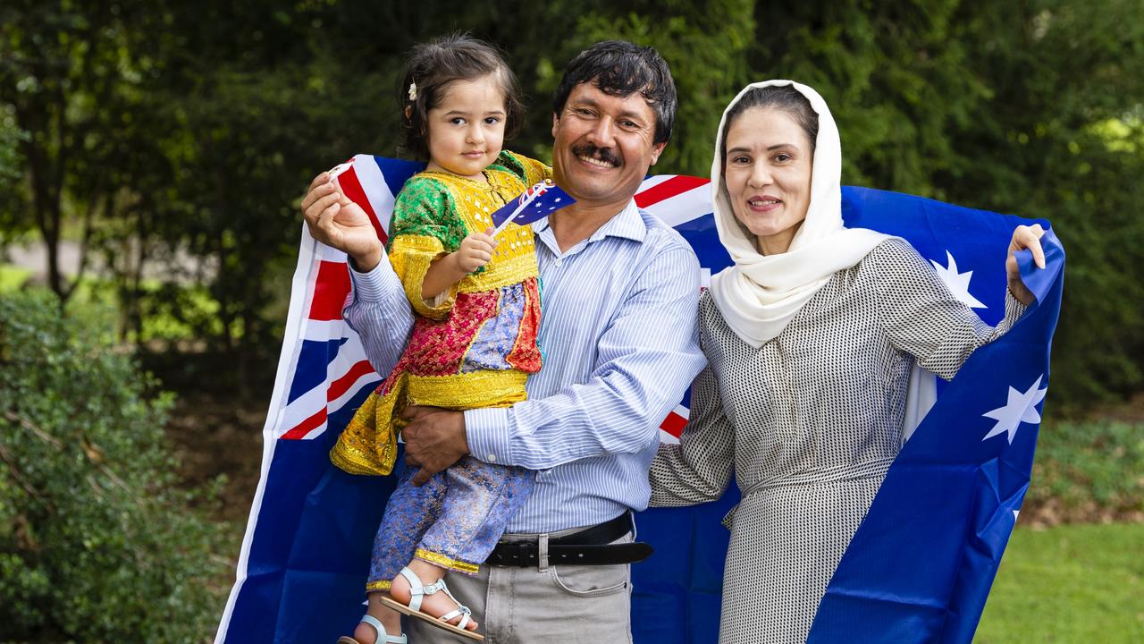 Three-year-old Zohra Nabizada, the first Australian born member of her family, prepares to celebrate Australia Day 2022 with her dad Muhammad and mum Sita Nabizada, Monday, January 24, 2022. Picture: Kevin Farmer