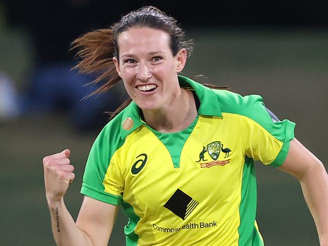 TAURANGA, NEW ZEALAND - APRIL 07: Megan Schutt of Australia celebrates her wicket of Amy Satterthwaite of New Zealand during game two of the One Day International series between the New Zealand White Ferns and Australia at Bay Oval on April 07, 2021 in Tauranga, New Zealand. (Photo by Phil Walter/Getty Images)