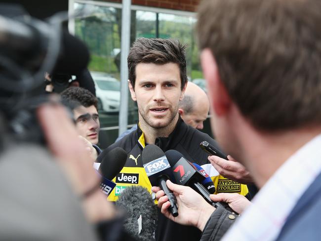 Trent Cotchin speaks to the media after he was cleared of any penalty for his bump on Dylan Shiel just days before the 2017 grand final. Picture: Michael Dodge/Getty Images