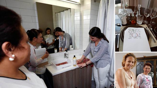 Students (left) are taught to care for fine fabrics; get a chart (top right) telling them how to set a table; and learn the proper crease for a napkin (bottom right). Photo: Angel Chevrestt.