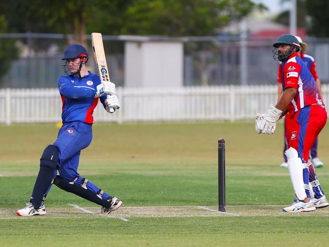 Pictured: Barron River batsman Braydn Croft hits a four. Mulgrave v Barron River at Minniecon Gregory Oval – Walker Road Precinct. Cricket Far North First Grade 2024. Photo: Gyan-Reece Rocha.