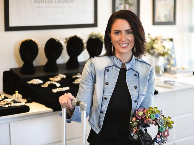 Ashlee Kalantarian pictured with some of the headwear accessories designed by her for her Ashlee Lauren Designs label. Here designs have been worn by singer Kesha and were also featured at New York Fashion Week in September 2017. Picture: Supplied