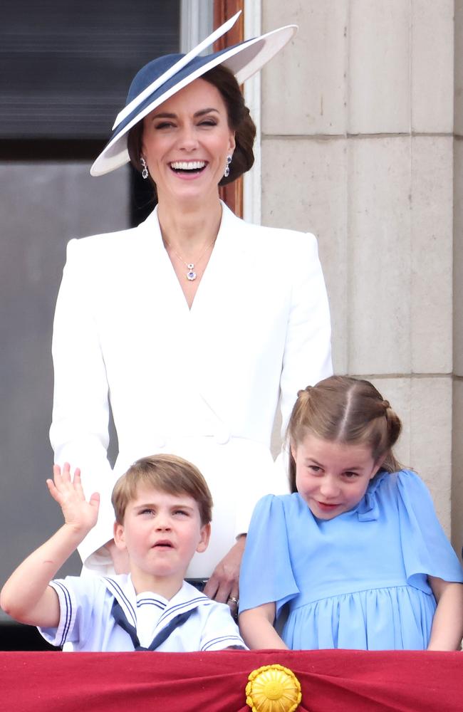 With her children Prince Louis and Princess Charlotte on the balcony of Buckingham Palace during Trooping The Colour. Picture: Getty Images