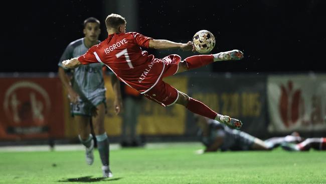 Lloyd Isgrove scores a spectacular goal for Hume City. Picture: Teyfik Baser