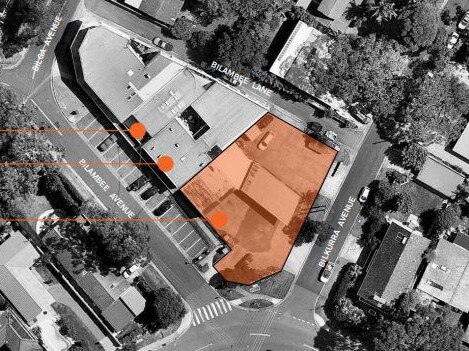 The location of the three-storey shop top apartment block proposed for Bilgola Plateau. Picture: Benson McCormack Architecture