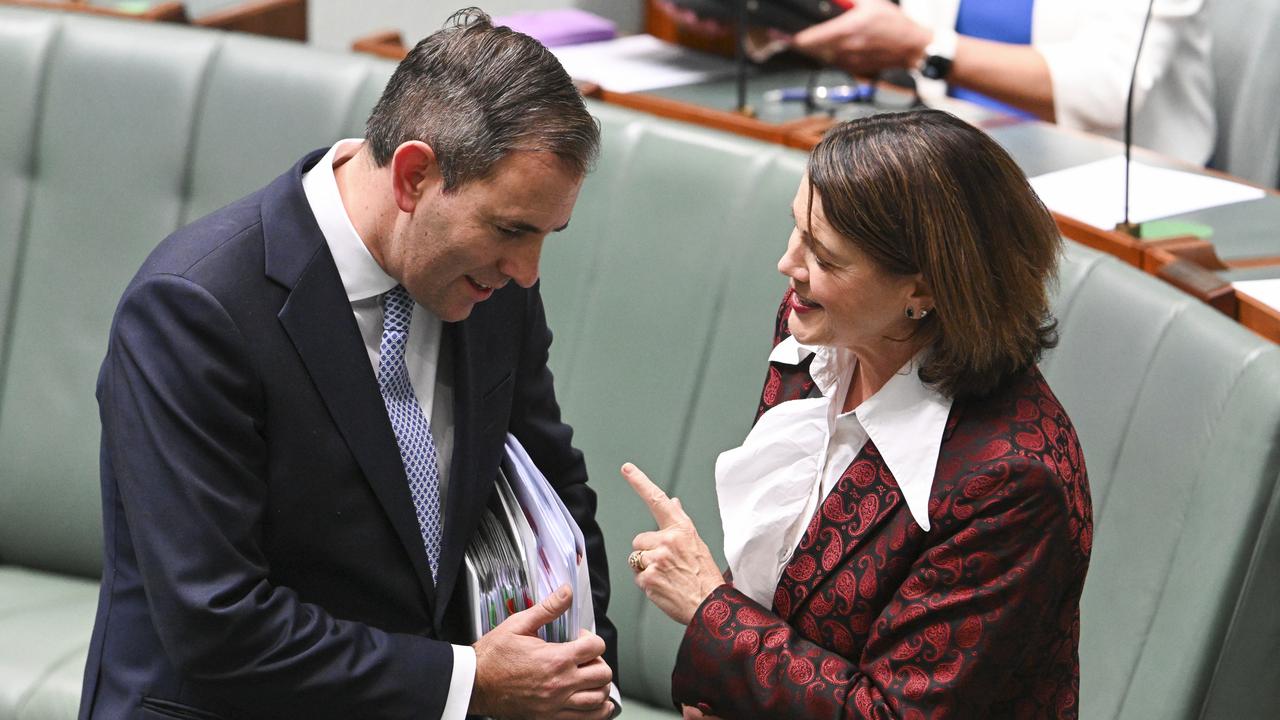 Corangamite MP Libby Coker talks with Treasurer Jim Chalmers at Parliament House in Canberra on Wednesday. Picture: NCA NewsWire / Martin Ollman.