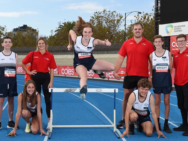 The national Little Athletics Championships are back this weekend for the first time in three years, with an historic move to inclusion. (L-R) Liam Costello, Madeline Tarabay (bottom), Nina Kennedy (Pole Vault record holder), Maddison Carr, Matthew Denny (Olympian), Asher Andrews, Oscar Wright and Jaryd Clifford (Paralympian). Picture: Josie Hayden