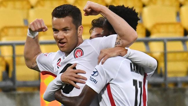 Alexander Baumjohann celebrates his goal against the Phoenix. Picture: AAP