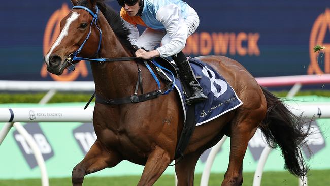 SYDNEY, AUSTRALIA - OCTOBER 05: Zac Lloyd riding State Of America wins Race 1 Midway during Sydney Racing at Royal Randwick Racecourse on October 05, 2024 in Sydney, Australia. (Photo by Jeremy Ng/Getty Images)