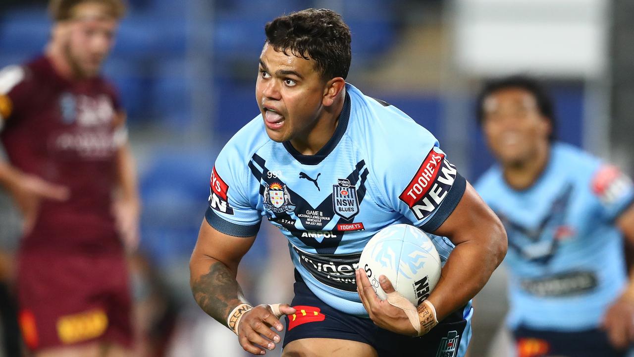 GOLD COAST, AUSTRALIA - JULY 14: Latrell Mitchell of the Blues scores a try during game three of the 2021 State of Origin Series between the New South Wales Blues and the Queensland Maroons at Cbus Super Stadium on July 14, 2021 in Gold Coast, Australia. (Photo by Chris Hyde/Getty Images)