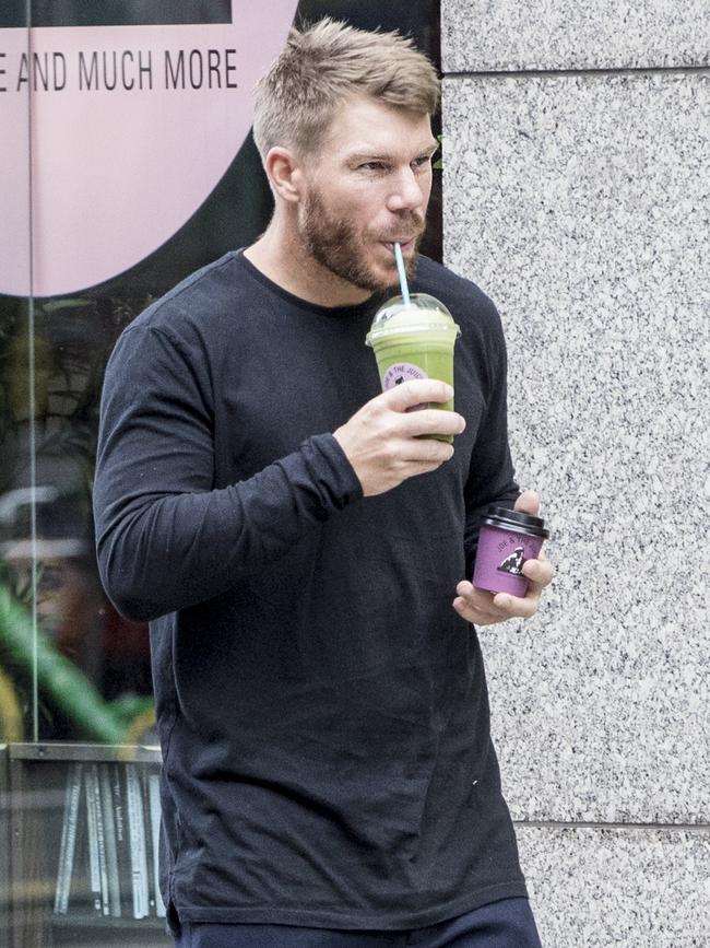 David Warner leaves his hotel to get a juice. Picture: Ella Pellegrini