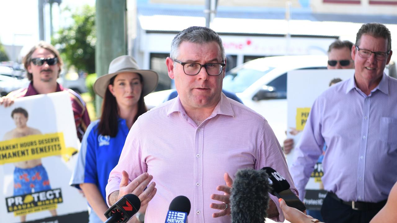 Senator Murray Watt addresses an anti-casualisation rally in front of Michelle Landry’s office in Rockhampton last week.