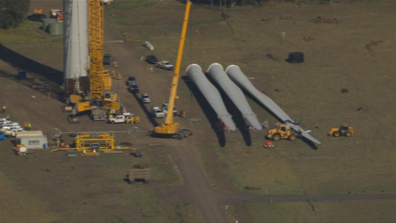 Emergency services were called to the site after Jess Patience was crushed by the wind turbine. Picture: 7News,