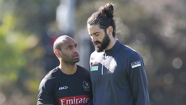 Brodie Grundy, right, with Travis Varcoe at Collingwood training. Picture: Michael Klein