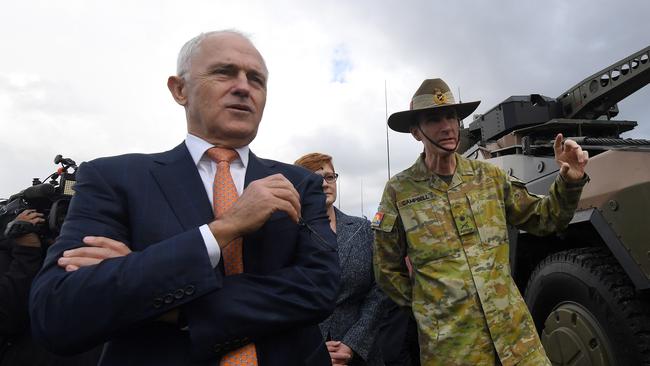 Australian Prime Minister Malcolm Turnbull and Chief of Army Angus Campbell at the Gallipoli Barracks in Brisbane this morning. Picture: Dan Peled/AAP