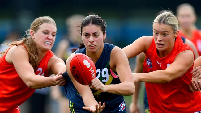 Both Alexis Gregor (left) and Sienna Tallariti (middle) have landed at Geelong in the 2024 AFLW draft. Picture: Josh Chadwick/AFL Photos/via Getty Images