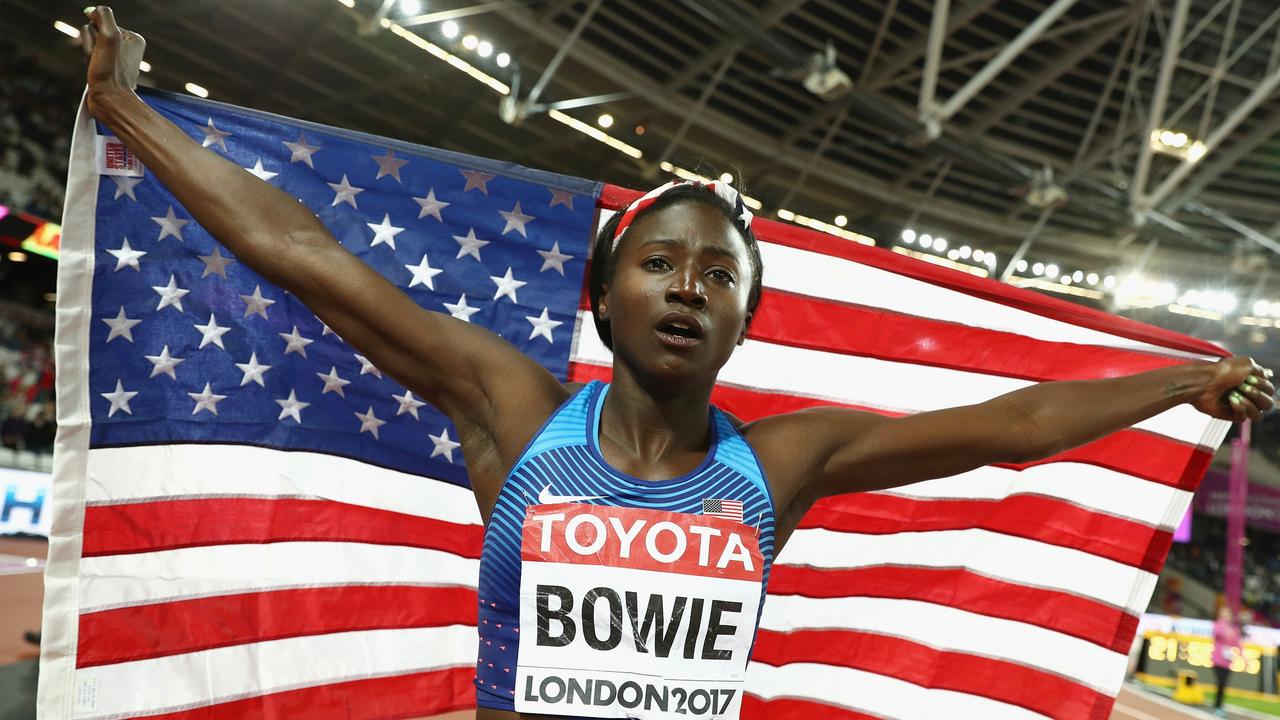 Olympic sprint champion Tori Bowie on the track in London. Photo by Patrick Smith/Getty Images.