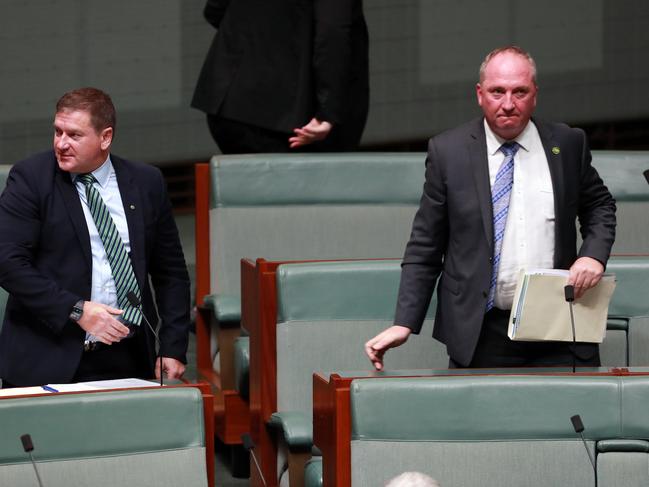 Barnaby Joyce congratulated Queensland MP Llew O'Brien as the new Deputy Speaker in the House of Representatives. Picture: Gary Ramage