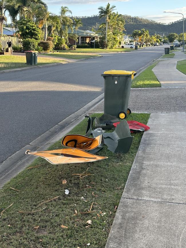 Signage and bins destroyed on Lomond St, Kirwan. Picture: Supplied.