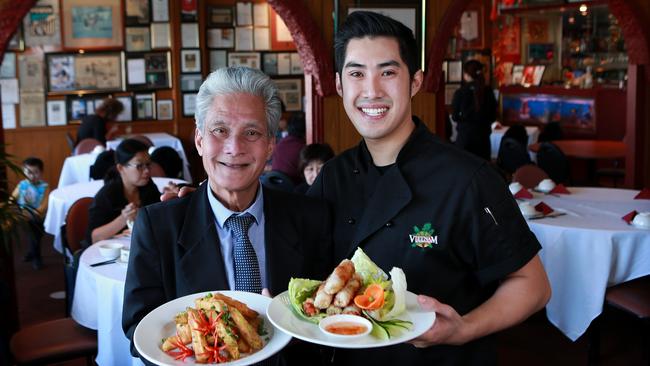 Dinh Phan with son and chef, Ben Phan, at Vietnam restaurant.