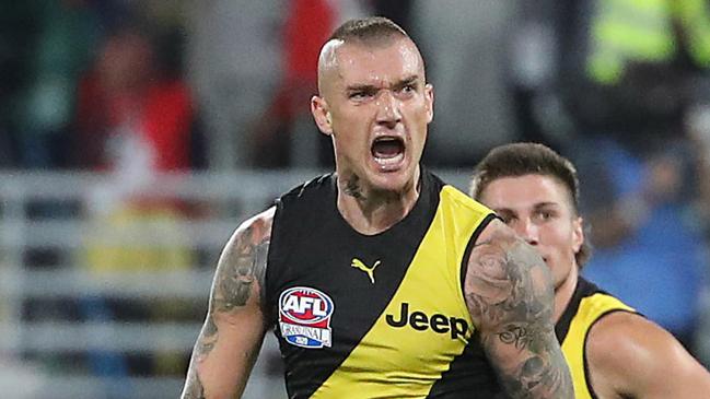 Tigers Dustin Martin kicks a goal. 2020 AFL Grand Final match between the. Richmond Tigers and the Geelong Cats at the Gabba on October 24, 2020 in Brisbane, Australia.  Pic Peter Wallis