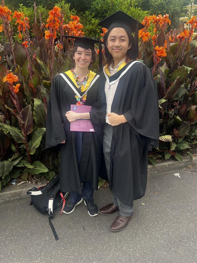 Amelia McAloon (Bachelor of Fine Arts (Animation)) and Joshua Jinu (Bachelor of Fine Arts (Animation)) at the University of Melbourne graduations held at the Royal Exhibition Building on Saturday, December 14, 2024. Picture: Jack Colantuono