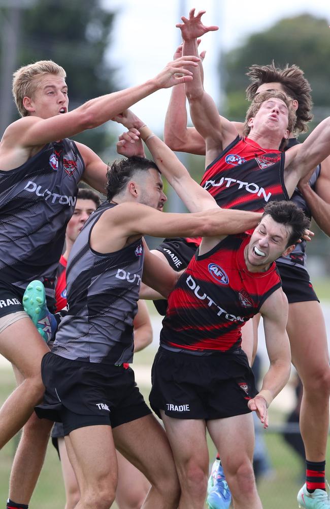 Players threw themselves around at a recent Essendon training session. Picture: David Crosling