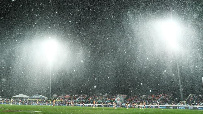 A general view as snow falls