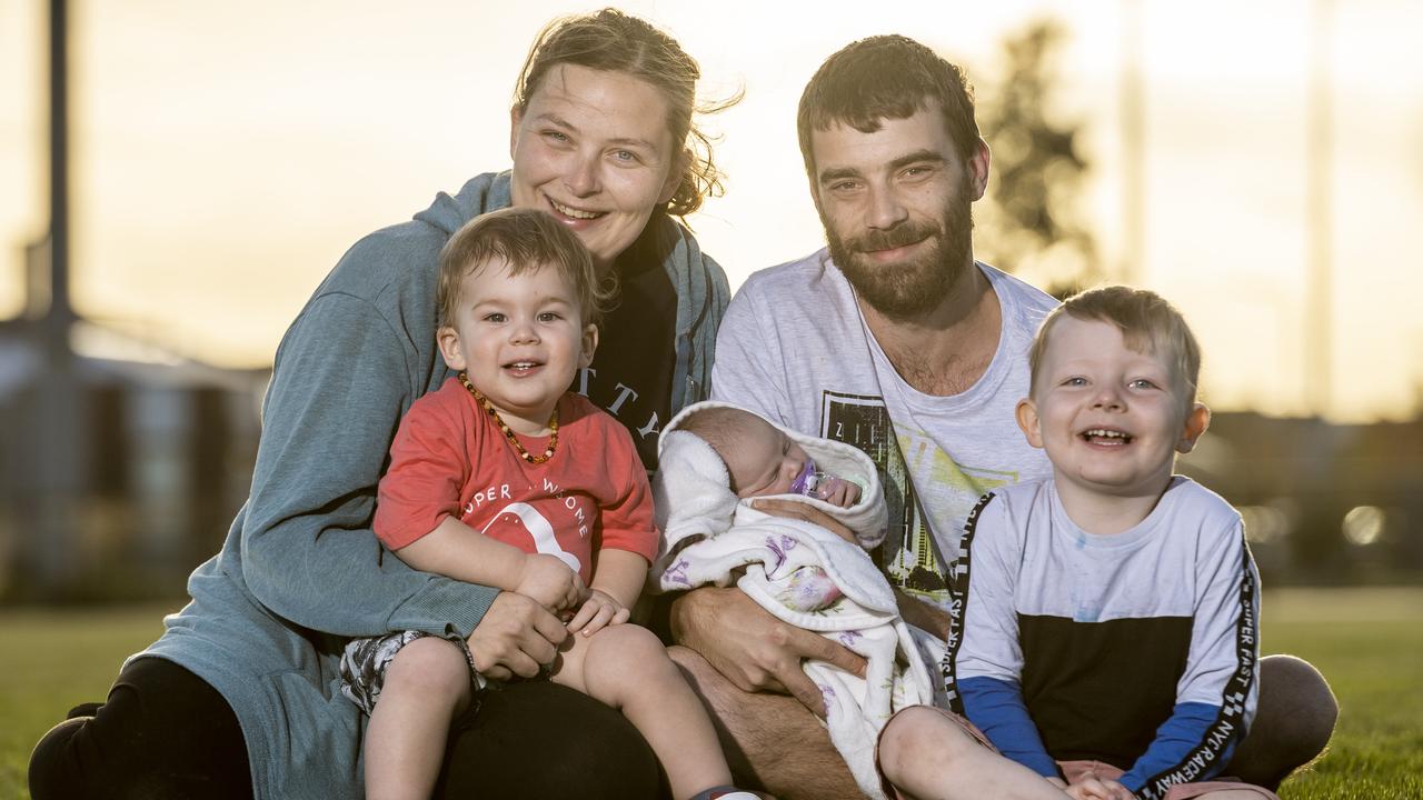 Stephanie Murray, Dyllan Murray and their kids Jaxon, 3, and Kaidyn, 1, and Alexis, 2 weeks, use childcare services. Picture: Jake Nowakowski