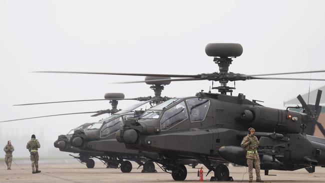 British Army Apache AH-64E attack helicopters prepare for take off from Wattisham Flying Station in Suffolk. Picture: Getty Images