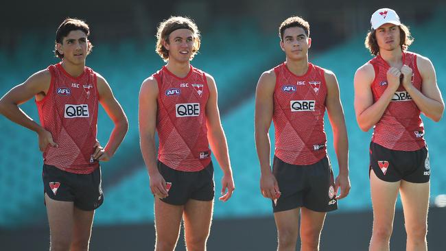 Sydney Swans young guns Justin McInerney, James Rowbottom, Zac Foot and Ryley Stoddart at training Picture. Phil Hillyard