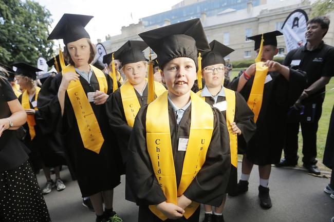 Eleven year old Jai Childs from Rosetta Primary was part of the UTAS Children’s University program this year. Children’s University graduates paraded through Hobart. Picture: MATHEW FARRELL