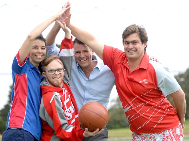 (LtoR) Jessica Disalvo ,Mark Jensen, Mike Baird and  Keiran Kelleher as NAB announce the sponsorship with the Special Olympics athletes. Photo Jeremy Piper