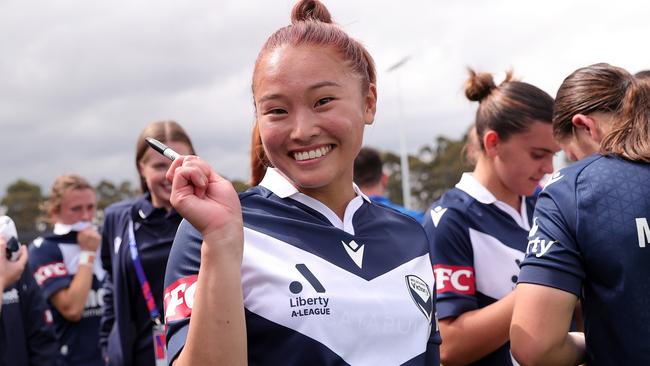 Kurea Okino is finally off the goal mark. Picture: Kelly Defina/Getty Images