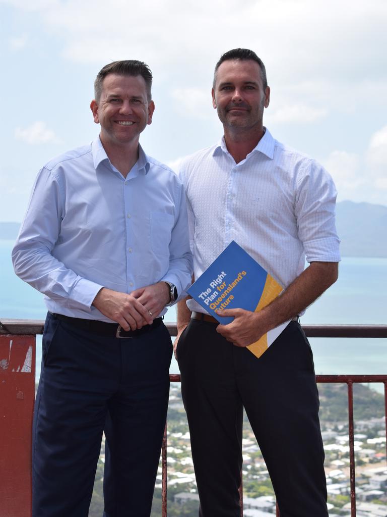 Deputy Opposition Leader Jarrod Bleijie with LNP candidate for Townsville Adam Baillie at Castle Hill Lookout in Townsville.