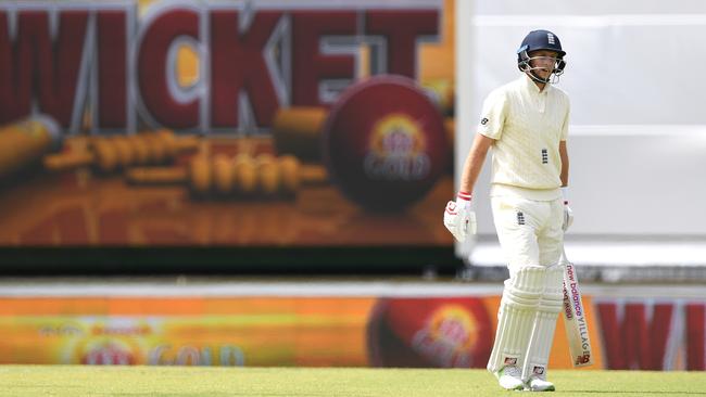 England captain Joe Root departs after being dismissed at the WACA