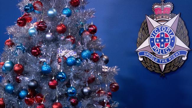 A Christmas tree decorated with the names of every person killed on Victoria roads this year. Picture: Mark Dadswell.