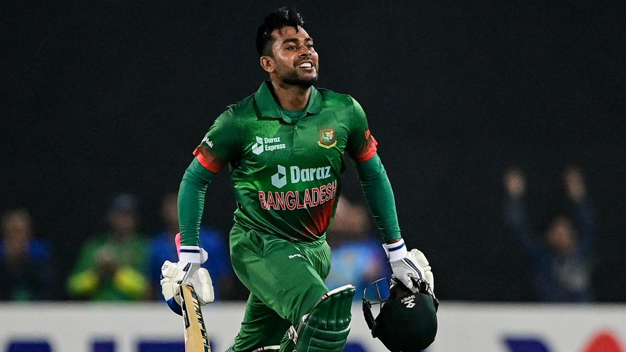 Bangladesh's Mahidy Hassan Miraz celebrates after his teams's victory in the first one-day international (ODI) cricket match between Bangladesh and India at the Sher-e-Bangla National Cricket Stadium in Dhaka on December 4, 2022. (Photo by Munir uz ZAMAN / AFP)