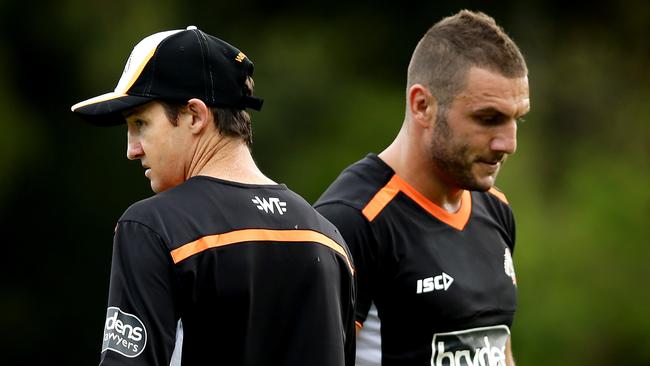 Robbie Farah and Tigers coach Jason Taylor during the Wests Tigers first pre season training session in Leichhardt .Picture Gregg Porteous